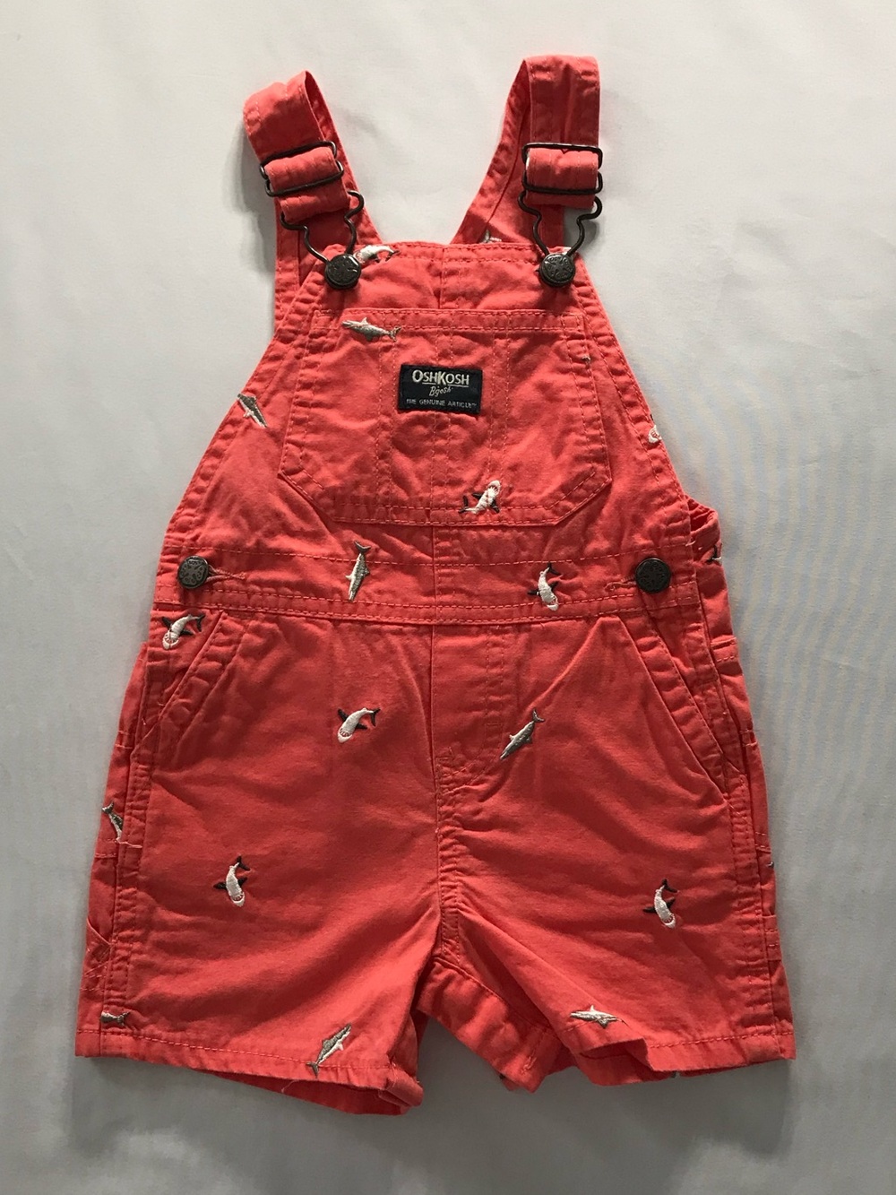 OshKosh B'gosh Coral Short Overalls with Shark Embroidery